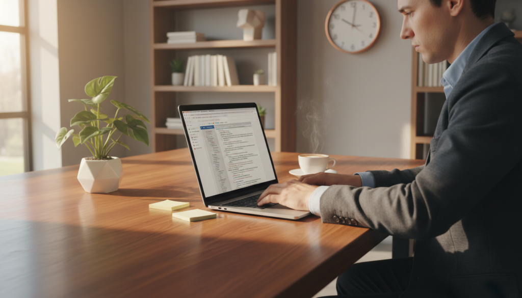 A modern workspace with a polished wooden desk in the foreground, featuring a sleek laptop displaying a vibrant, open text editor on the screen. Scattered around are notes, a coffee cup, and a potted plant, giving a productive vibe. In the middle, a person in professional business attire, focused and engaged, is typing on the laptop, with a look of concentration. The lighting is warm and inviting, with soft sunlight streaming in from a nearby window, casting gentle shadows and highlighting the textures of the desk and tools. In the background, a minimalist bookshelf with neatly organized books and a tasteful clock adds depth to the scene, evoking a sense of creativity and innovation in content creation. The overall mood is inspiring and dynamic, reflecting the essence of using AI for diverse content generation. A modern workspace with a polished wooden desk in the foreground, featuring a sleek laptop displaying a vibrant, open text editor on the screen. Scattered around are notes, a coffee cup, and a potted plant, giving a productive vibe. In the middle, a person in professional business attire, focused and engaged, is typing on the laptop, with a look of concentration. The lighting is warm and inviting, with soft sunlight streaming in from a nearby window, casting gentle shadows and highlighting the textures of the desk and tools. In the background, a minimalist bookshelf with neatly organized books and a tasteful clock adds depth to the scene, evoking a sense of creativity and innovation in content creation. The overall mood is inspiring and dynamic, reflecting the essence of using AI for diverse content generation.