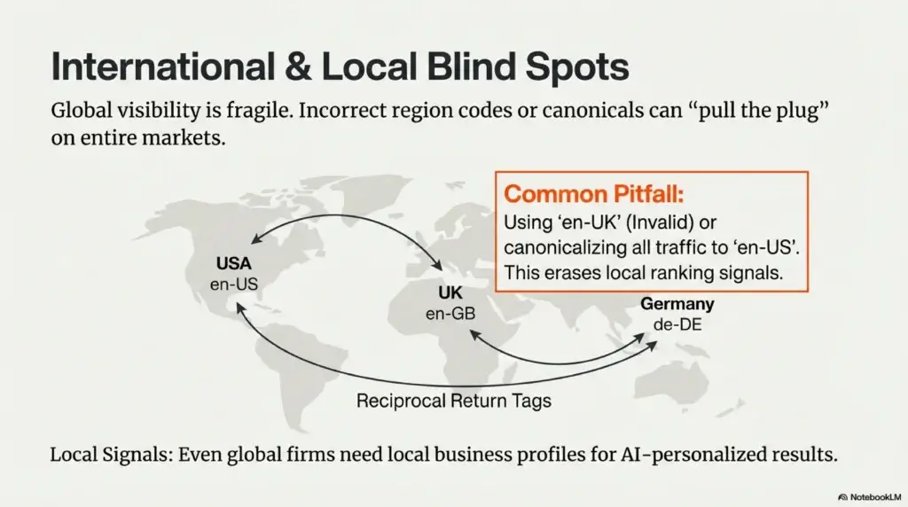 Incorrect implementation of hreflang tags and regional canonicalization